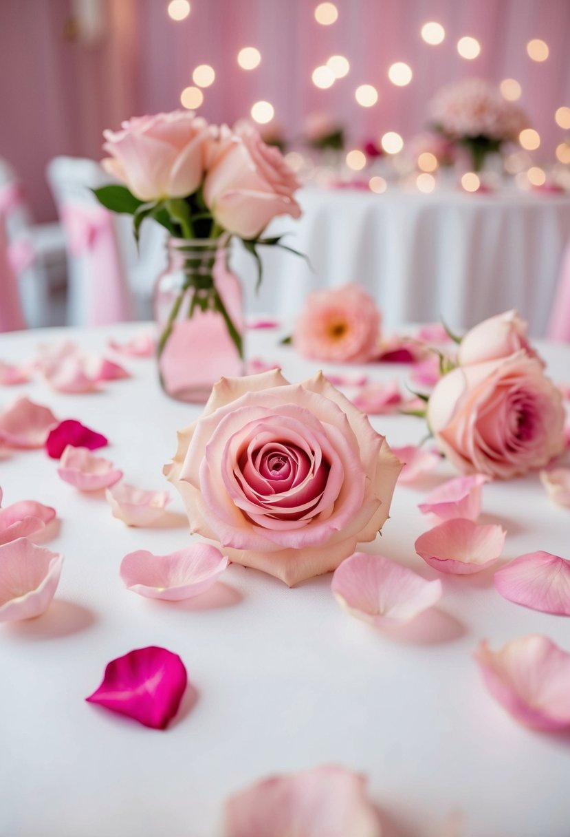 Light pink rose petals scattered around a wedding table with light pink decorations