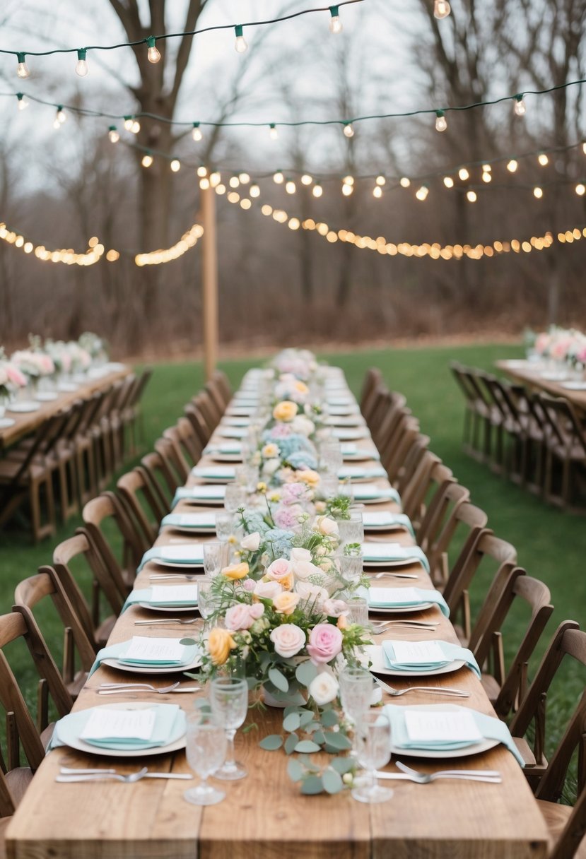 A table adorned with pastel-colored floral centerpieces, surrounded by twinkling fairy lights, set in a rustic outdoor setting for a spring wedding on a budget