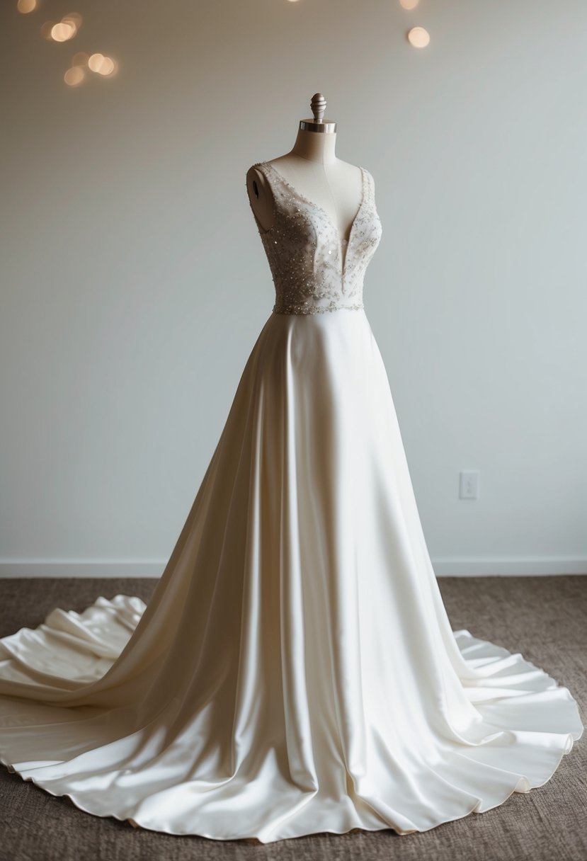 A flowing silk bridal gown against a simple backdrop