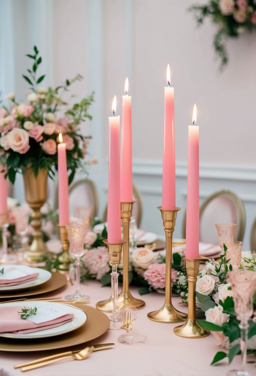 Pink taper candles in gold holders illuminate a light pink wedding table, surrounded by delicate floral arrangements and elegant place settings