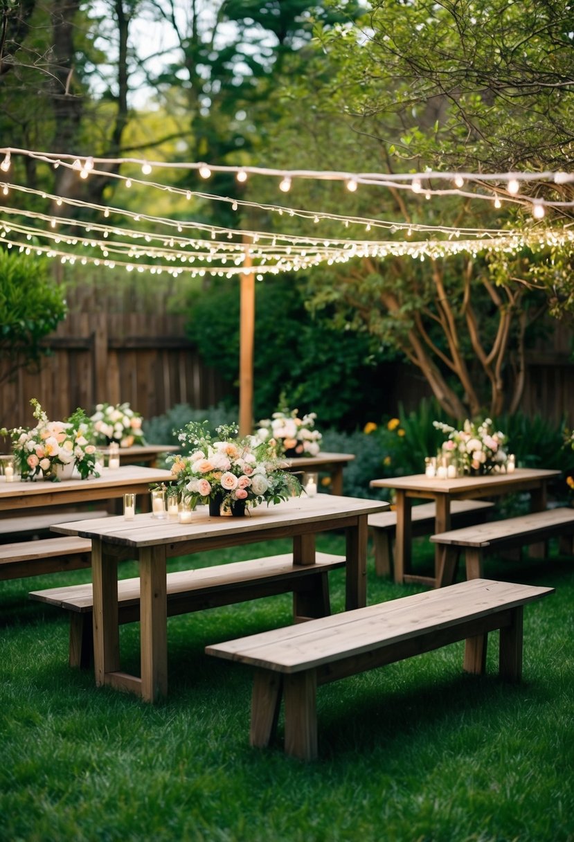 A backyard garden adorned with blooming flowers, draped with twinkling lights, and set up with rustic wooden benches for a spring wedding on a budget