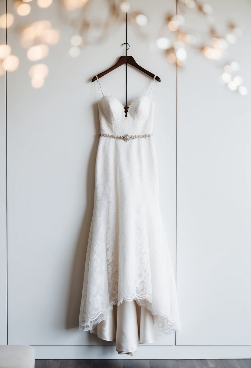 A chic lace minimalist wedding dress hanging on a sleek modern hanger against a clean, white background