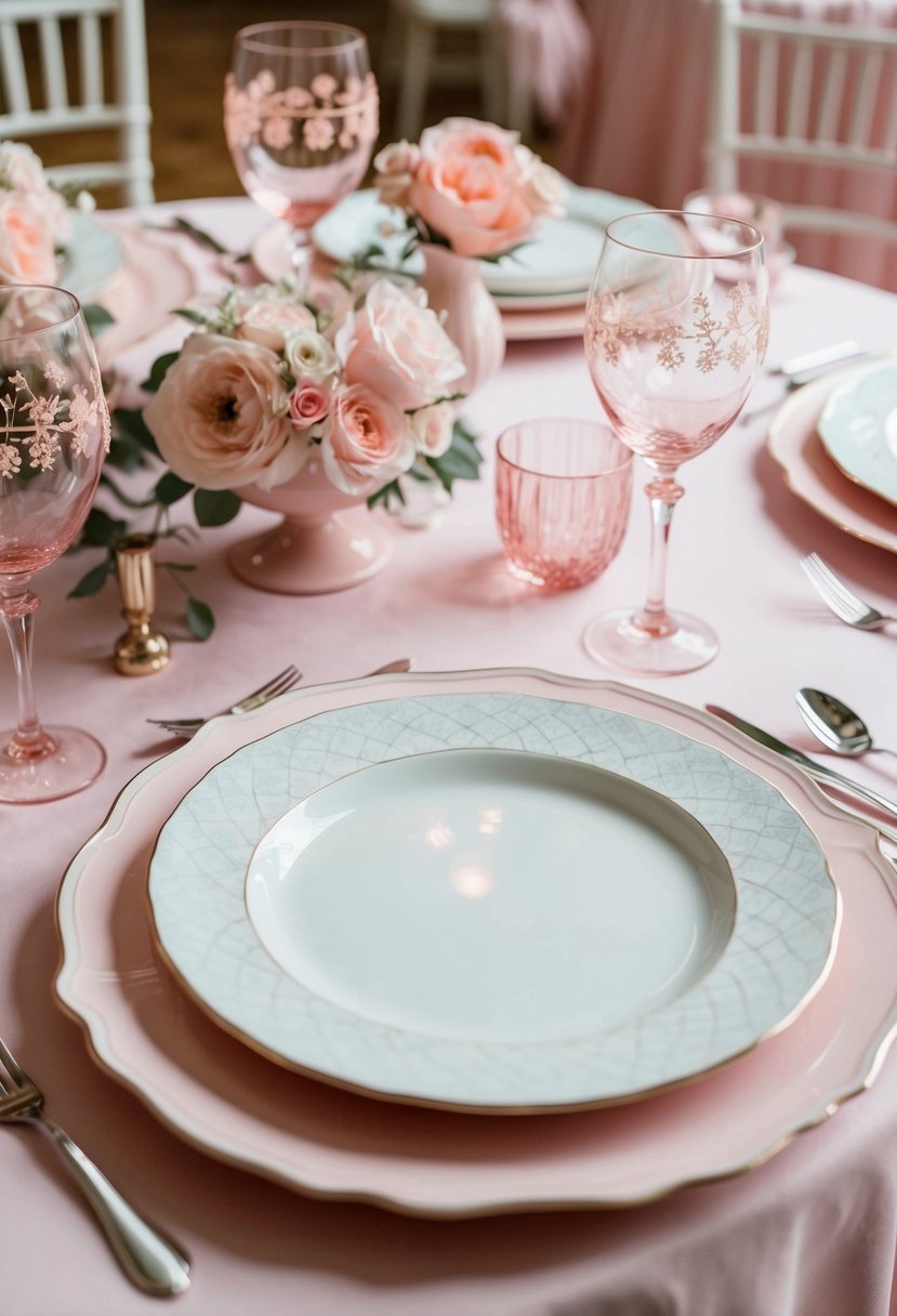 A table set with light pink and white china patterns, adorned with delicate pink wedding decorations