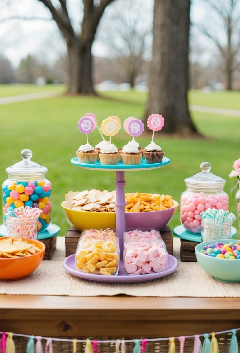 A colorful self-serve snack bar at a spring wedding, with a variety of budget-friendly treats and decorations