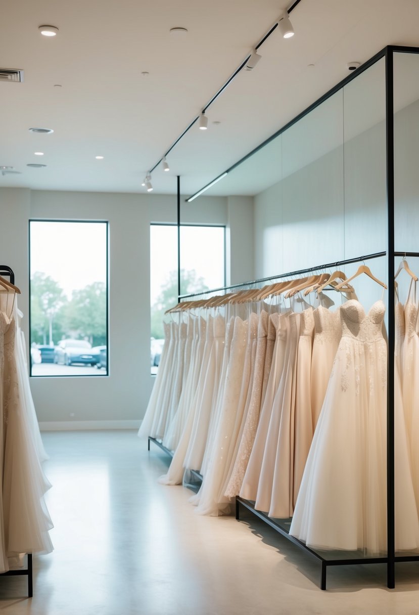 A serene, modern bridal boutique with sleek, elegant wedding gowns displayed on minimalist racks and mannequins