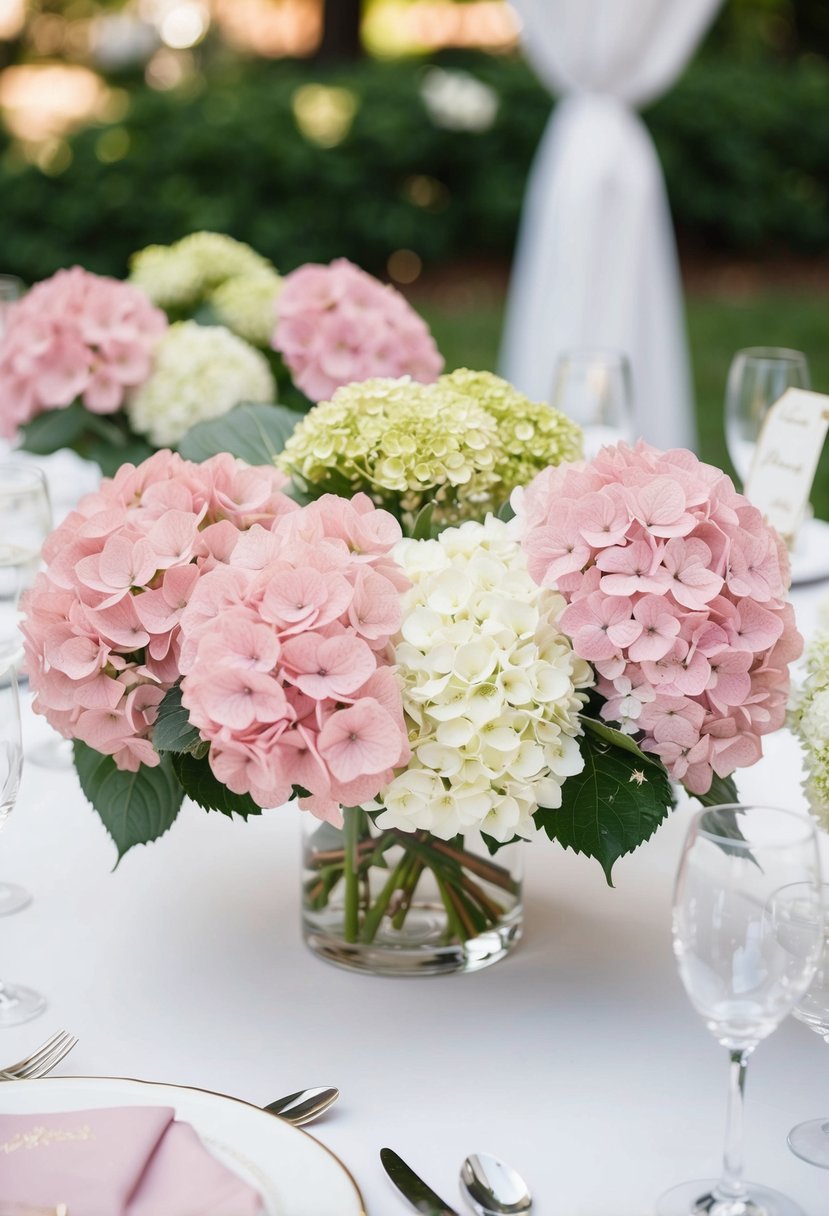 A table adorned with light pink hydrangea bouquets for a wedding centerpiece