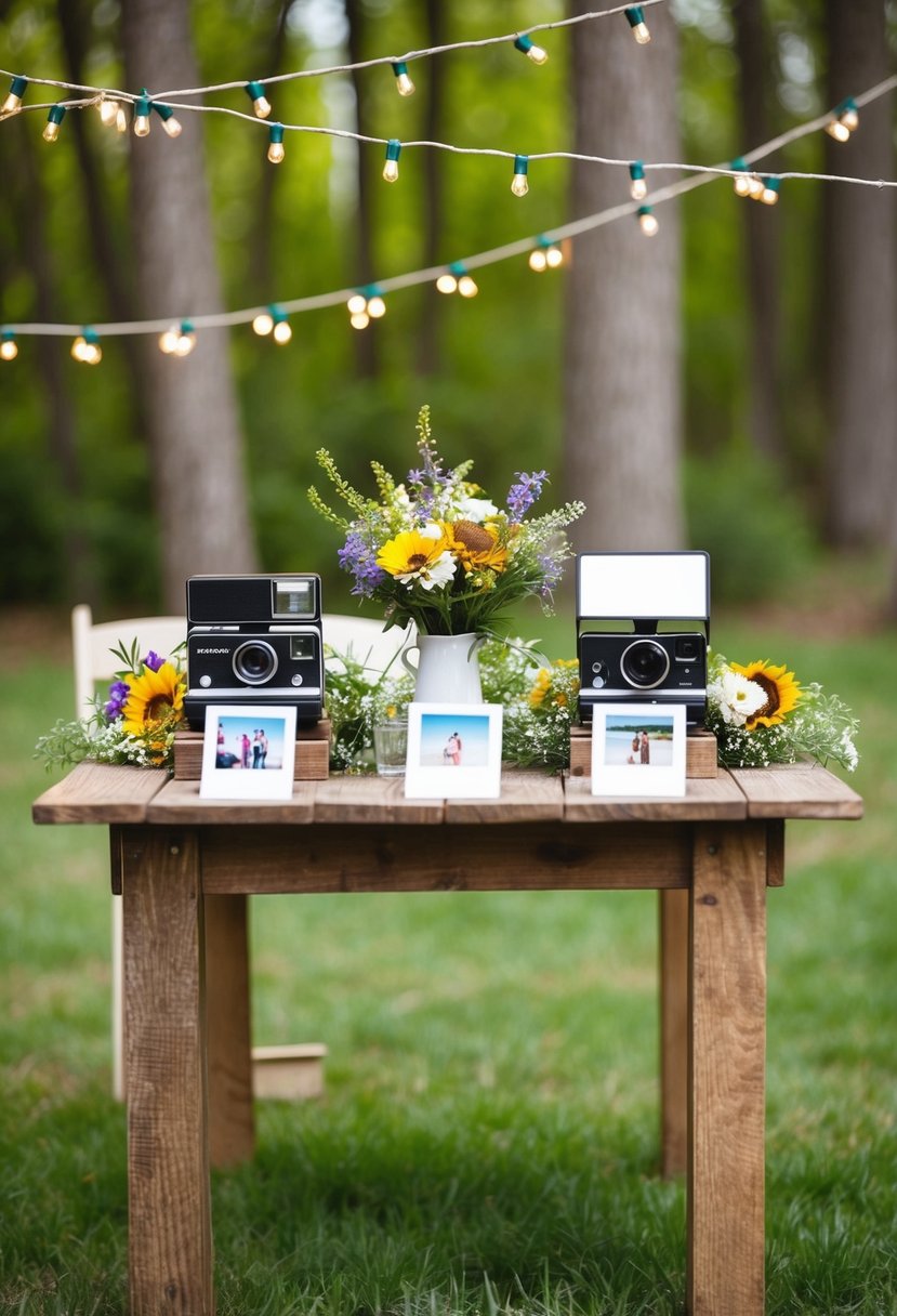 A rustic wooden table adorned with wildflowers, vintage cameras, and string lights, set up for guests to take Polaroid photos at a spring wedding on a budget