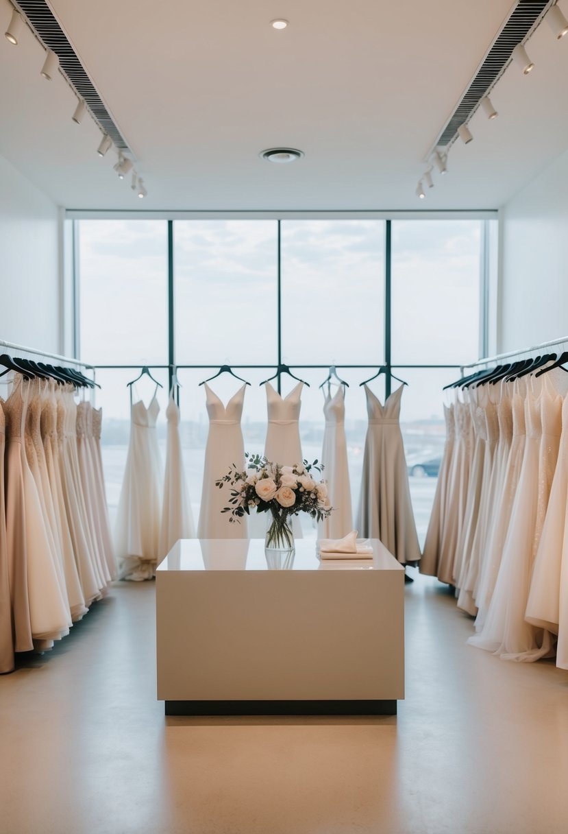 A serene, modern bridal boutique with sleek, understated gowns on minimalist display