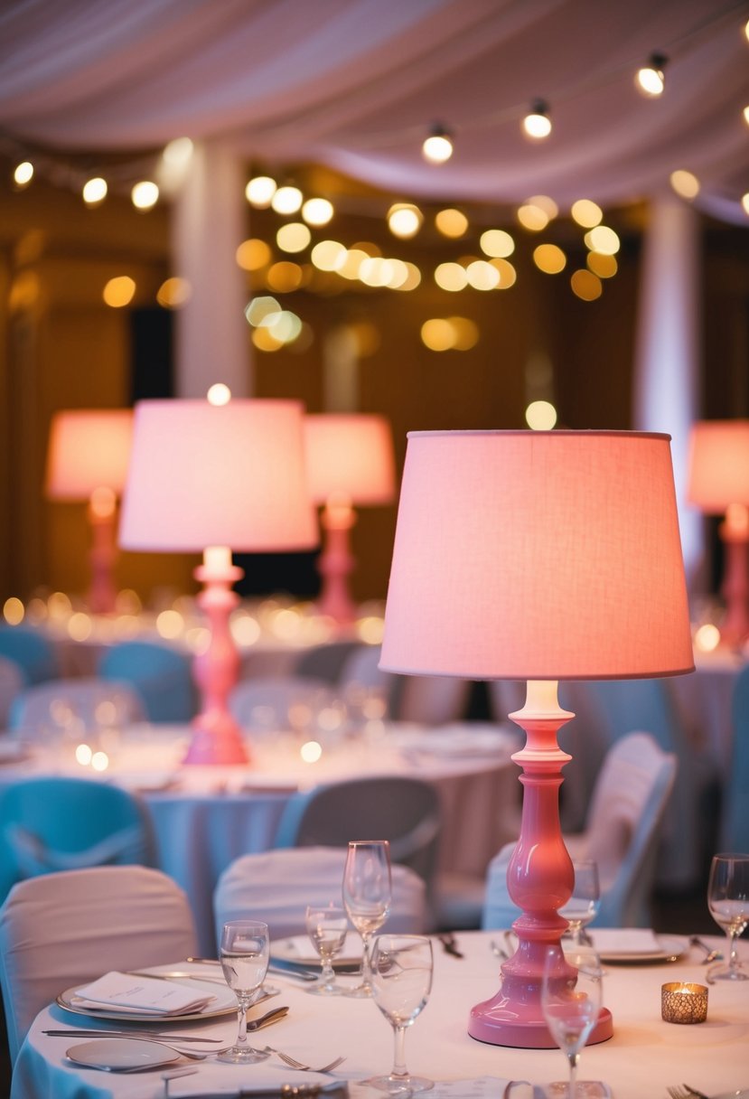 Soft pink table lamps casting warm light on delicate wedding table decor