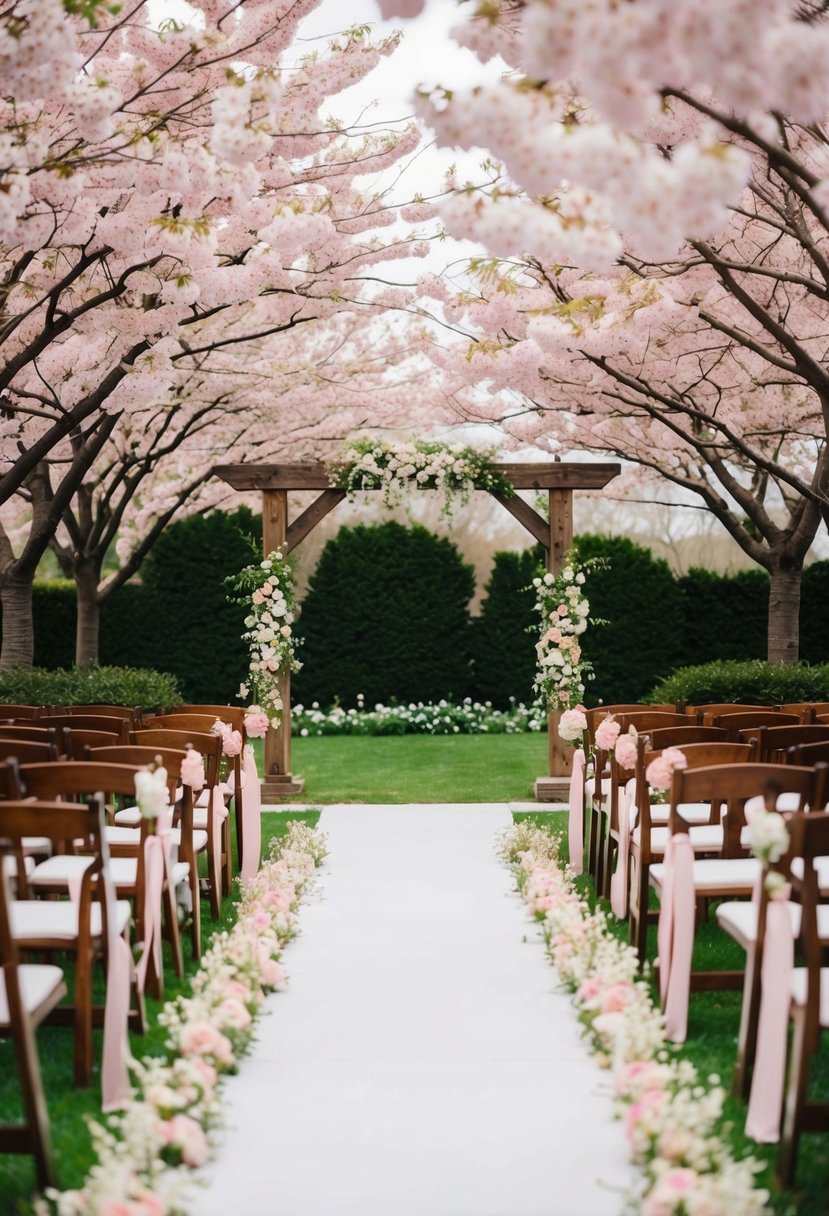 A serene garden with cherry blossom trees, a rustic wooden arch, and delicate pink and white flowers adorning the aisle