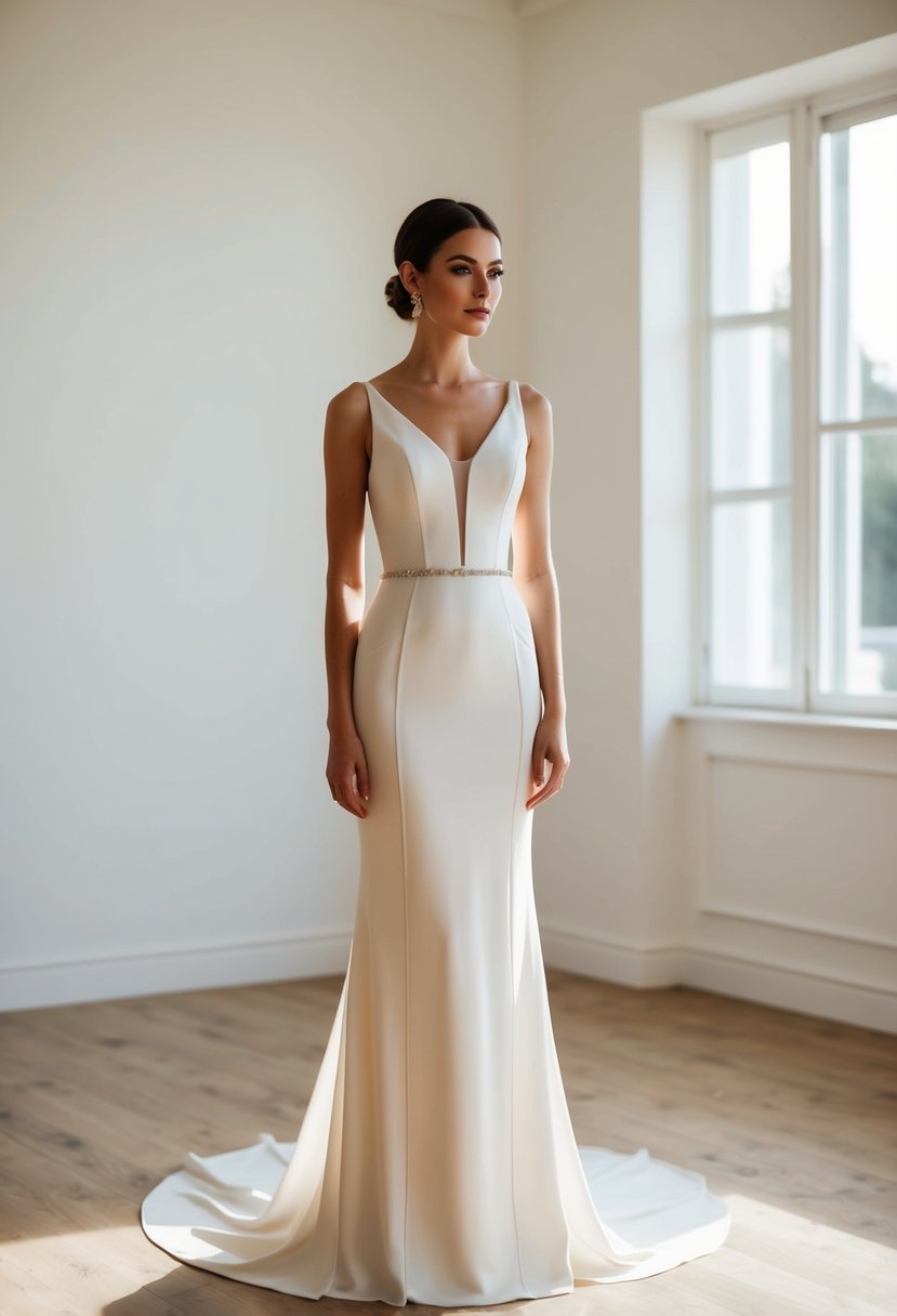 A serene bride stands in a sunlit room, wearing a sleek, minimalist wedding dress with clean lines and subtle details