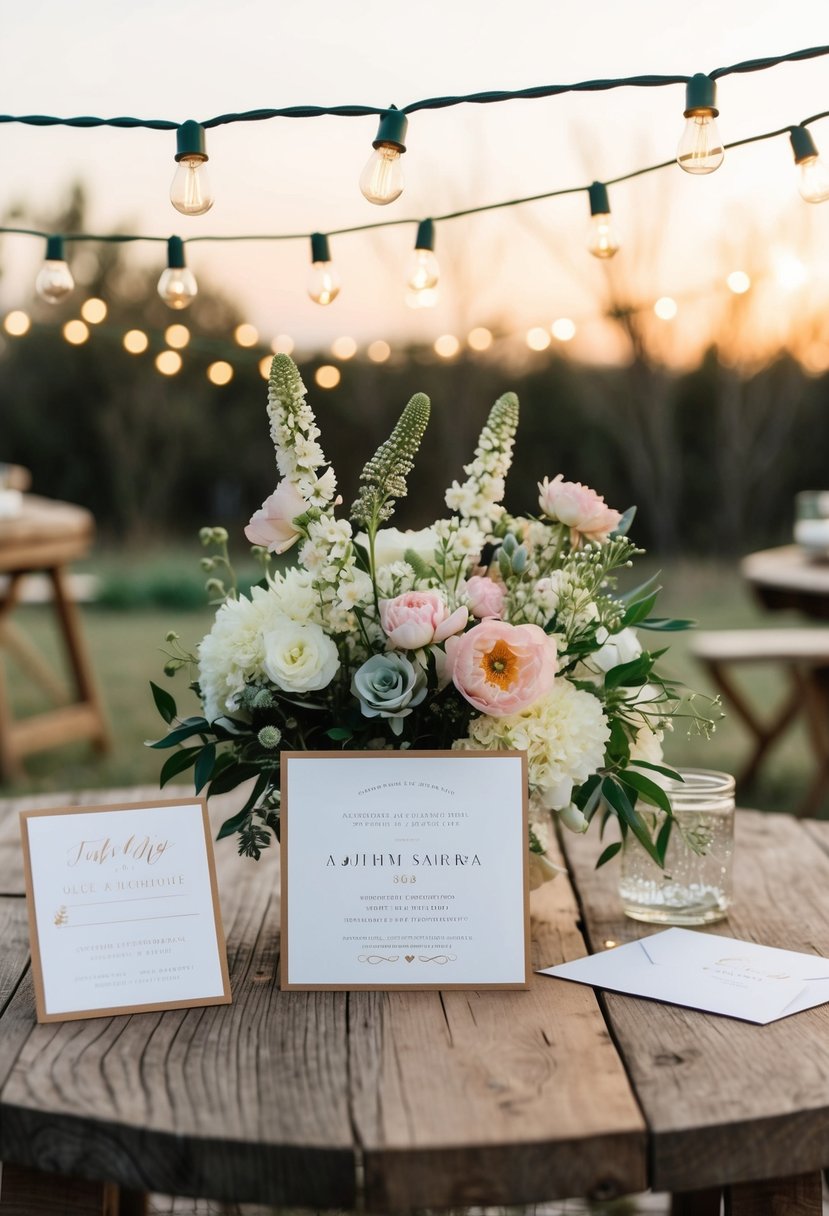 A rustic outdoor setting with blooming flowers and string lights, featuring personalized wedding invitations on a wooden table