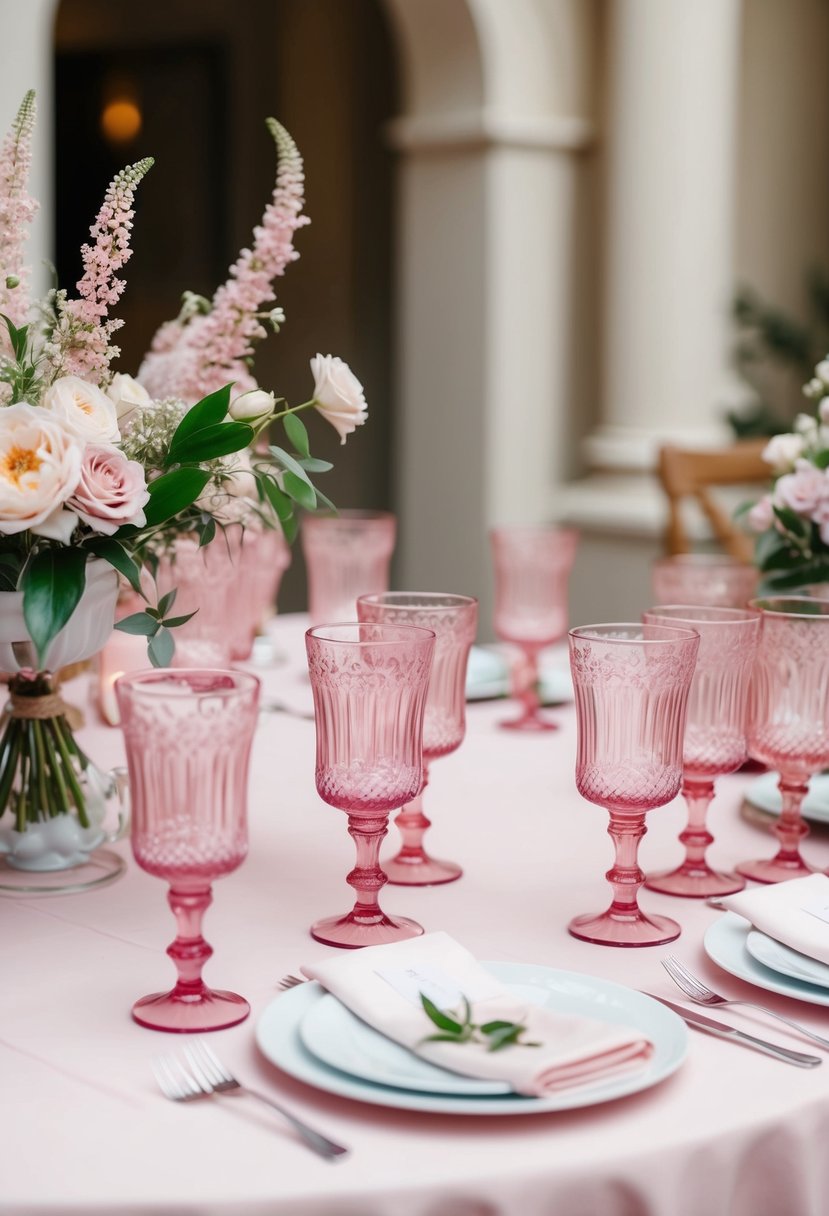 Pink-tinted water goblets arranged on a light pink wedding table with delicate floral decorations