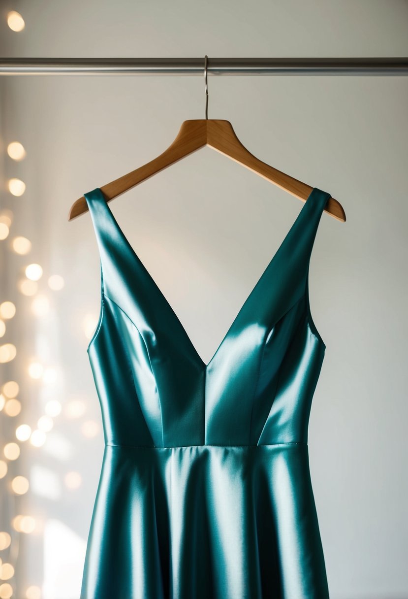 A sleek, satin v-neck gown hanging on a minimalist wooden hanger, with soft lighting casting a gentle glow on the fabric