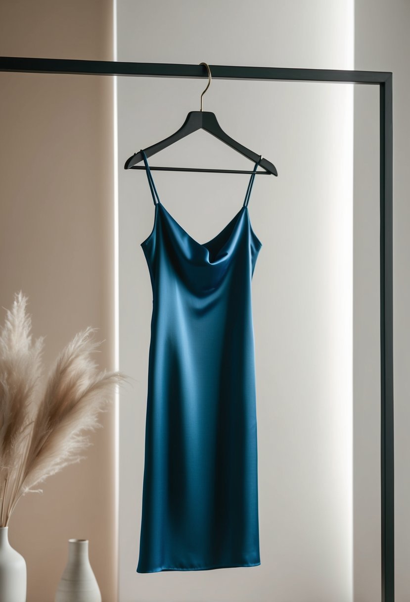 A silk slip dress hangs on a sleek modern hanger against a backdrop of soft, neutral tones and minimalistic decor