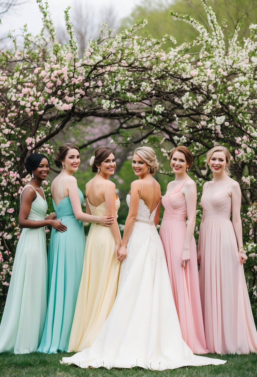 A group of mismatched bridesmaid dresses in pastel colors, set against a backdrop of blooming flowers and greenery in a budget-friendly outdoor spring wedding