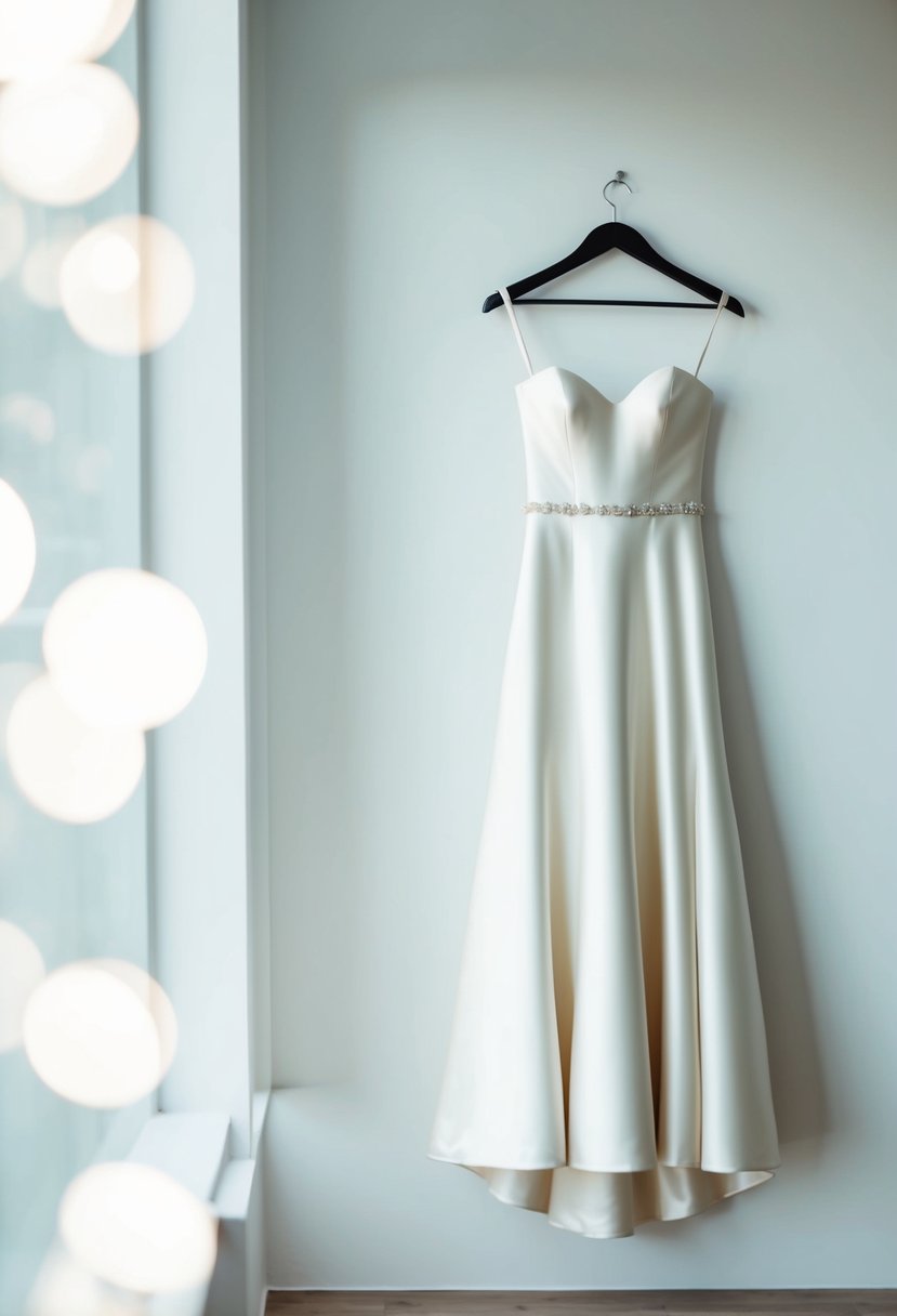 A simple, elegant gown hangs on a sleek modern hanger against a clean, white backdrop