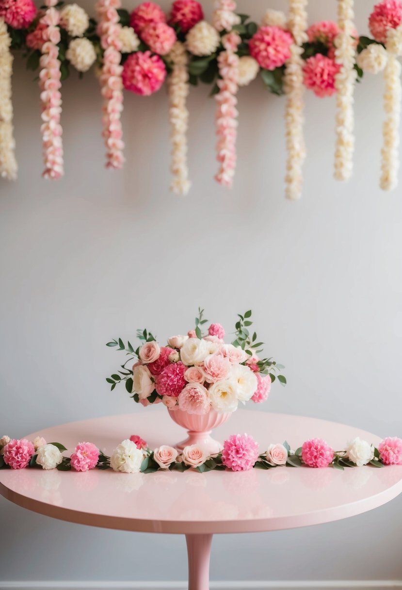 A light pink table adorned with pink and cream floral garlands