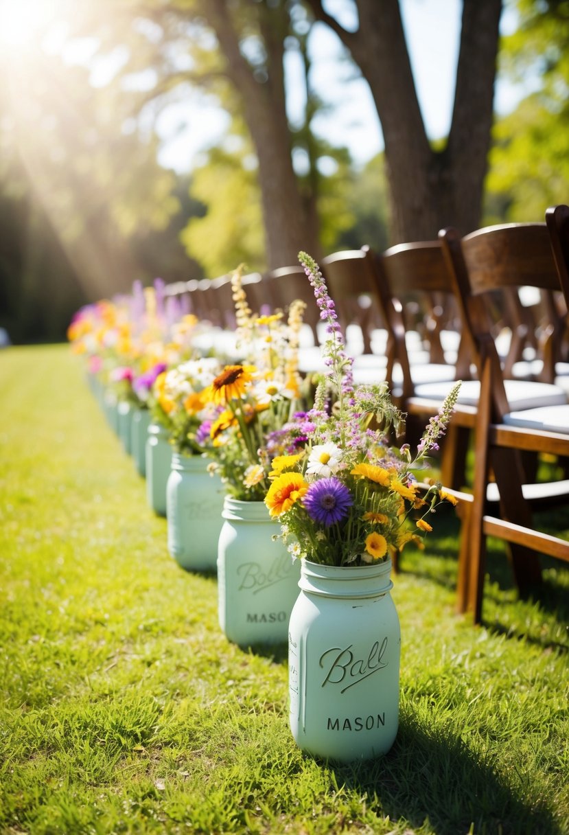 A rustic, outdoor wedding aisle lined with colorful wildflowers in mason jar vases. Sunlight filters through the trees, creating a warm, romantic atmosphere