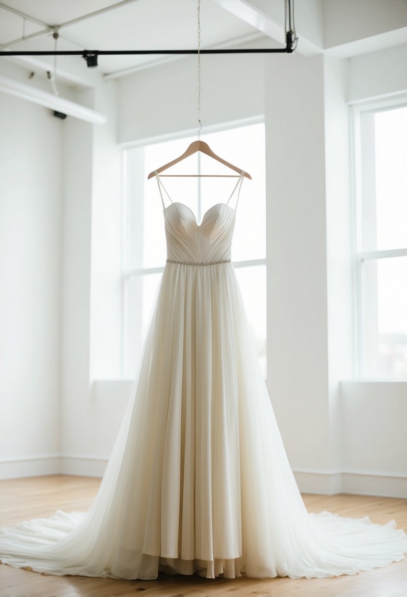 A serene, modern bridal gown hanging in a bright, airy studio with clean lines and minimalistic details