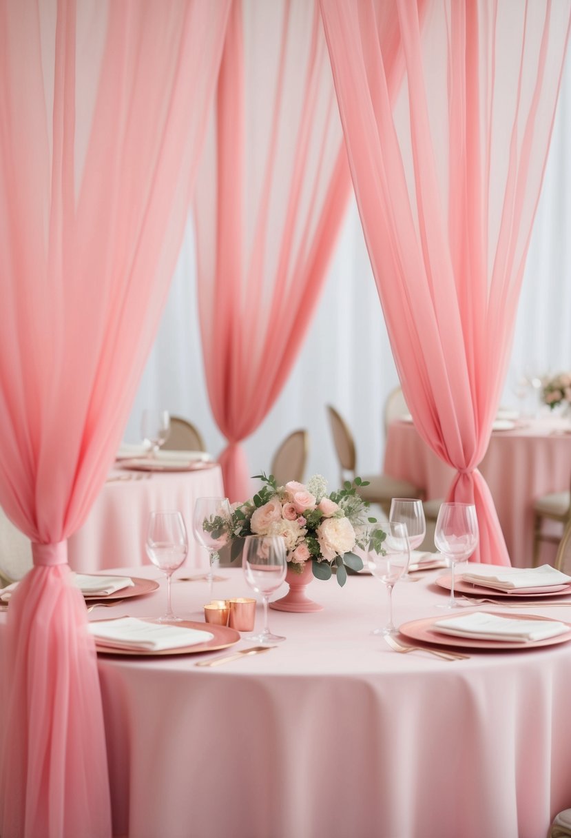 Sheer pink overlays draped over light pink wedding tables for a textured and elegant decoration