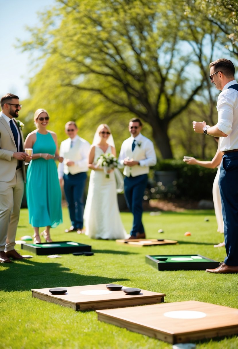 A sunny outdoor wedding with guests playing lawn games like cornhole and bocce on a budget-friendly spring day