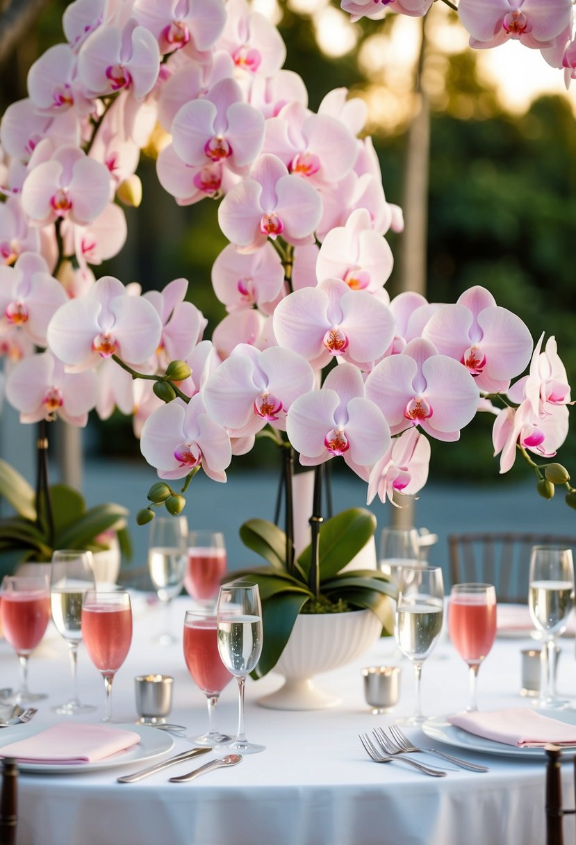 A table adorned with light pink orchid arrangements for a wedding