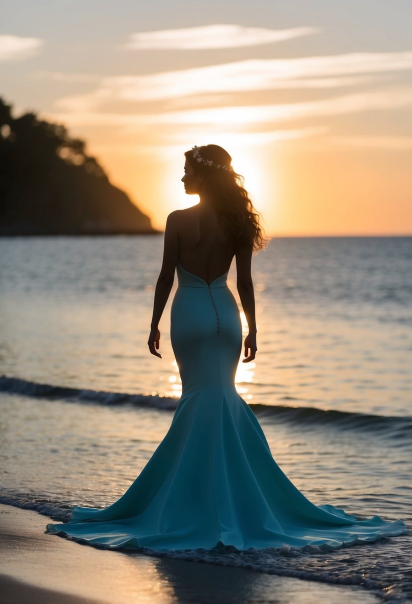 A mermaid silhouette in a flowing minimalist wedding dress, standing by the shore at sunset