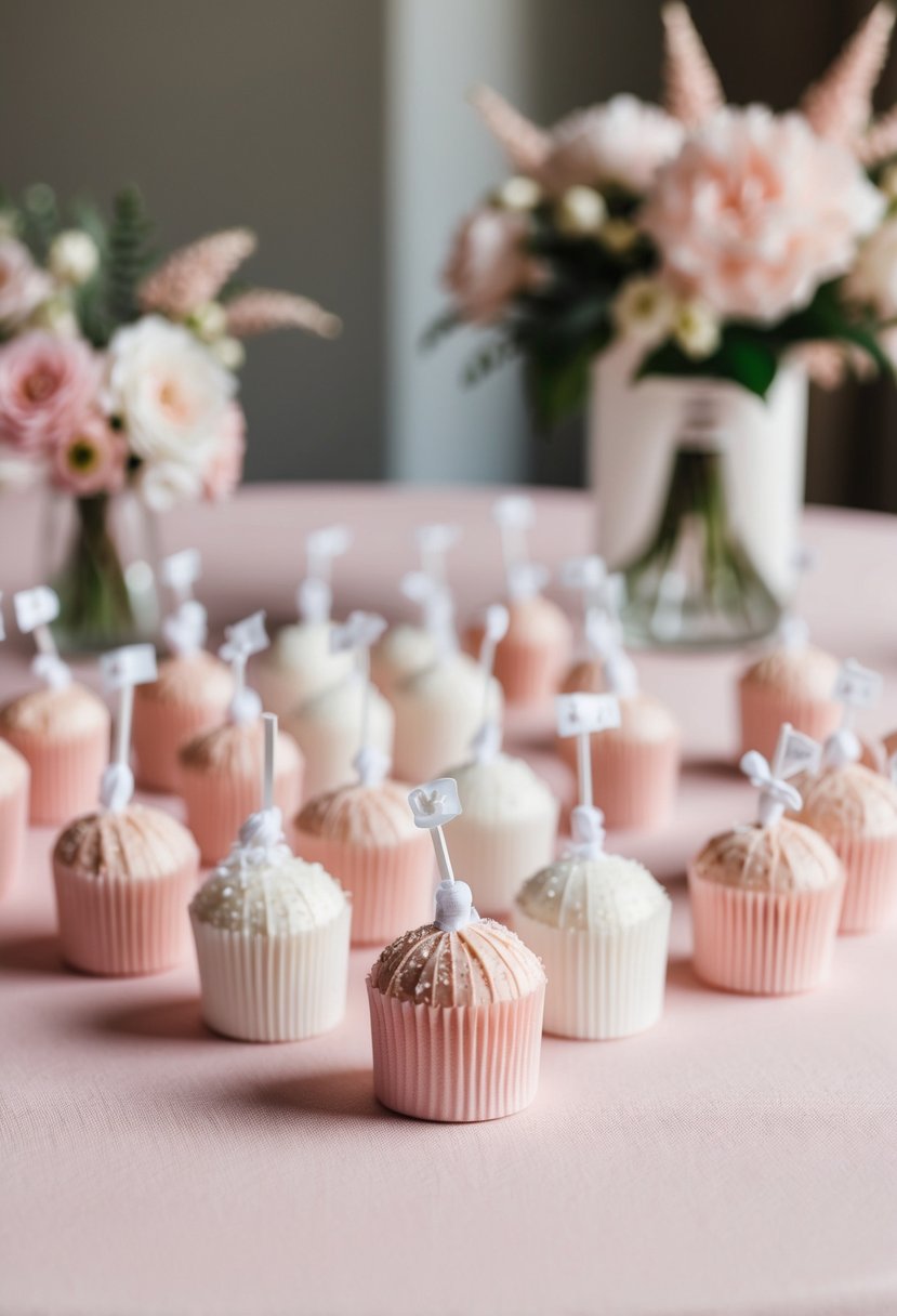 Blush and white candy favors arranged on a light pink wedding table with delicate floral decorations