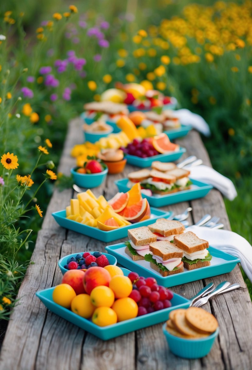 A colorful outdoor picnic setup with an assortment of fresh fruits, sandwiches, and bite-sized desserts displayed on rustic wooden tables. Wildflowers and greenery decorate the surrounding area