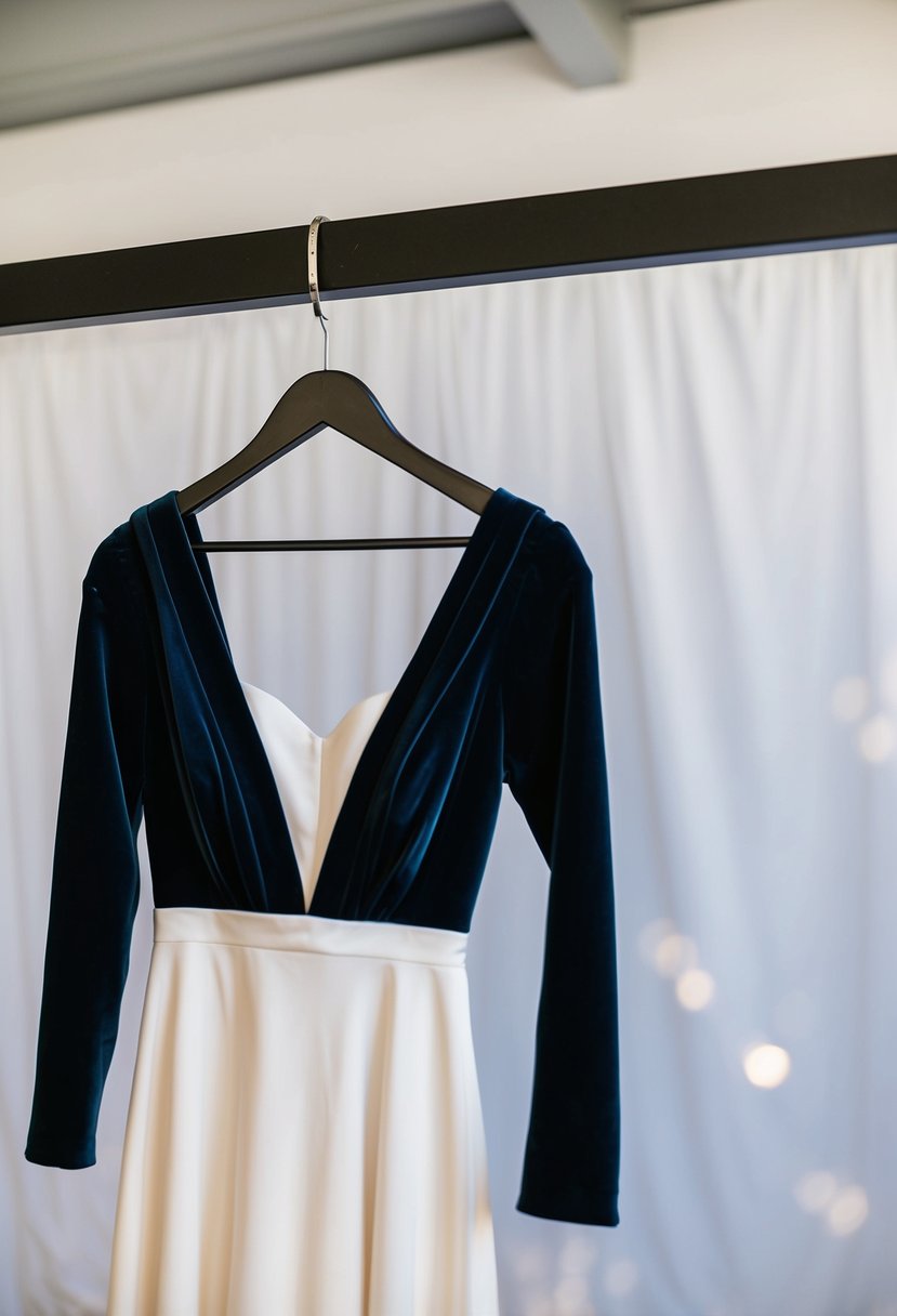 A hanger holding a velvet-sleeved minimalist wedding dress against a simple backdrop