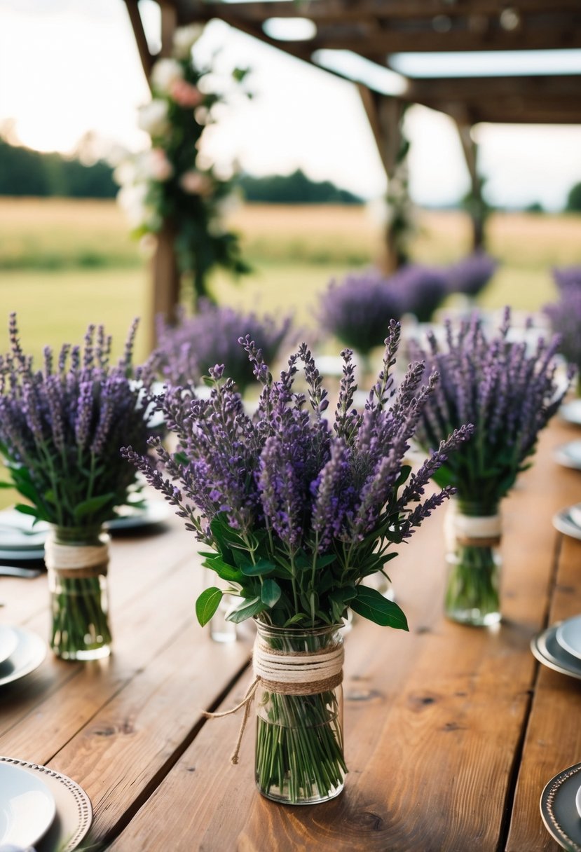 A rustic outdoor wedding setting with lavender bouquets adorning wooden tables and a budget-friendly decor scheme