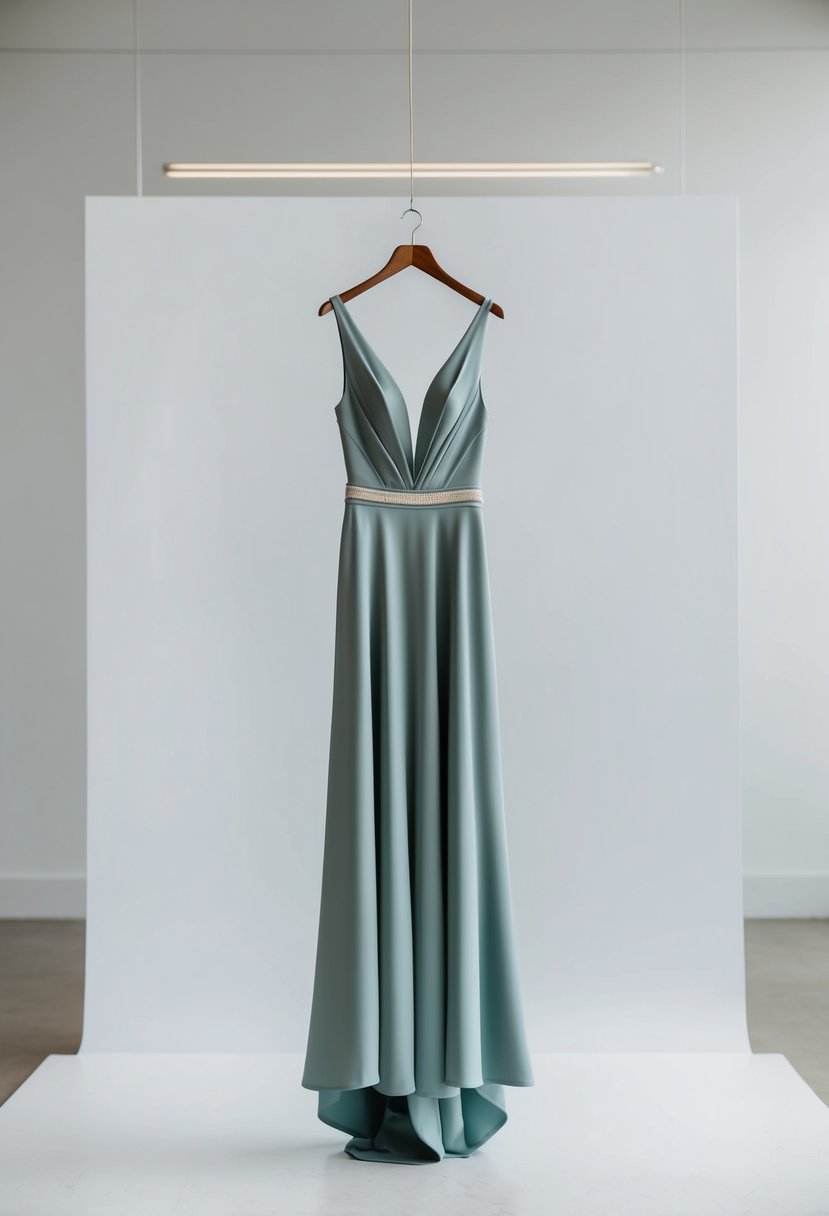 A sleek, mid-century inspired gown hangs on a minimalist backdrop, with clean lines and subtle detailing