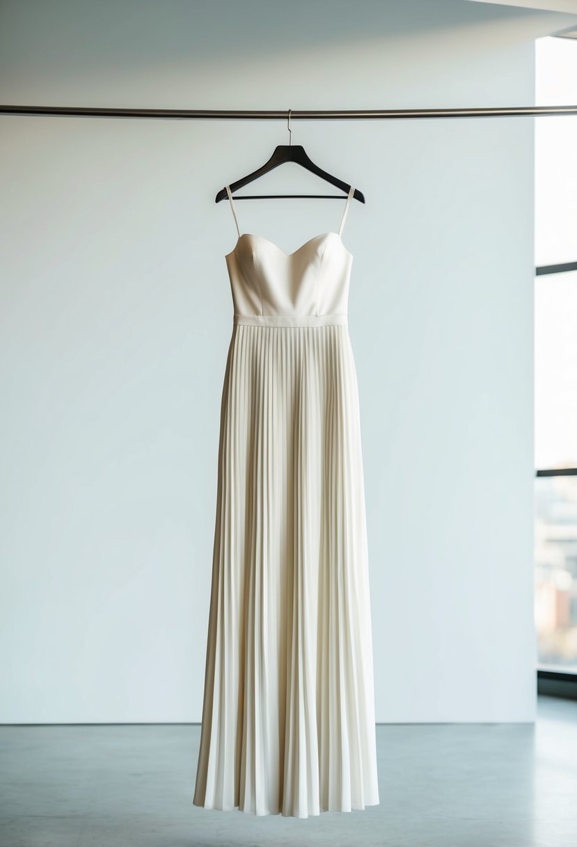 A pleated skirt minimalist wedding dress hanging on a sleek modern hanger against a clean, white backdrop