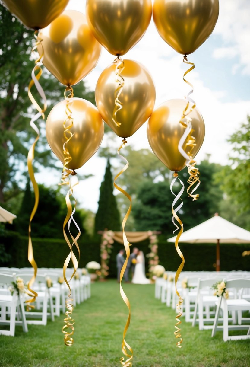 Gold-dipped balloons float above a garden wedding, adding elegance to the outdoor ceremony