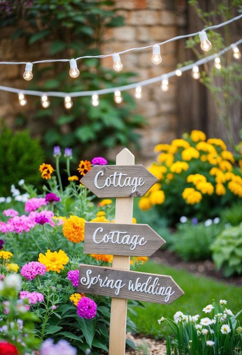 A charming cottage garden with colorful blooms, rustic wooden signs, and string lights, perfect for a budget-friendly spring wedding