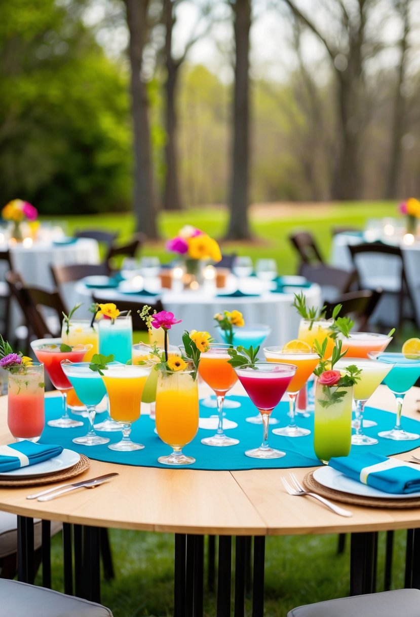 A colorful outdoor wedding reception with a variety of signature spring cocktails displayed on a budget-friendly decorated table