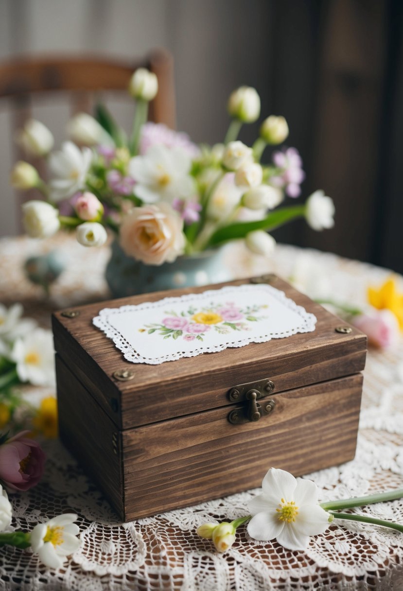 A rustic wooden card box sits on a lace-covered table, surrounded by delicate spring flowers and vintage decor