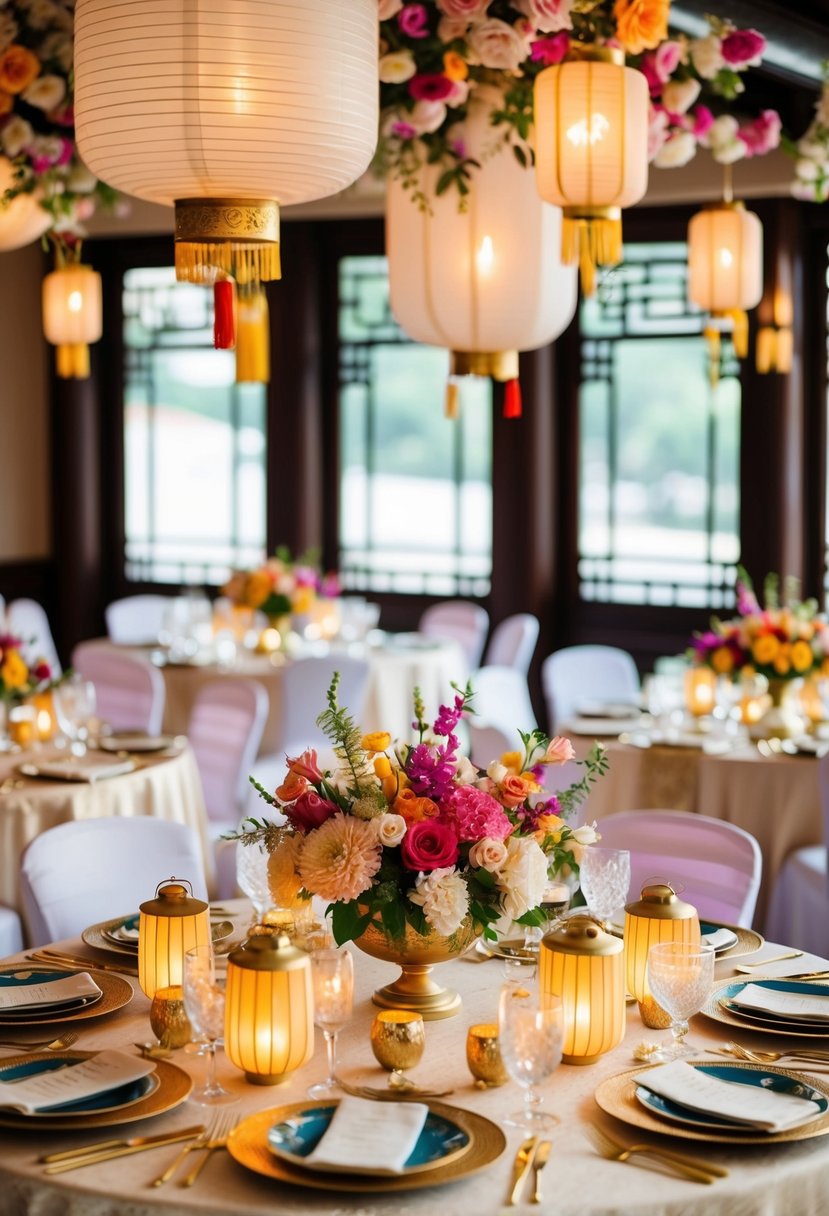 An elegant table adorned with traditional Asian wedding decorations, including vibrant flowers, delicate lanterns, and intricate place settings