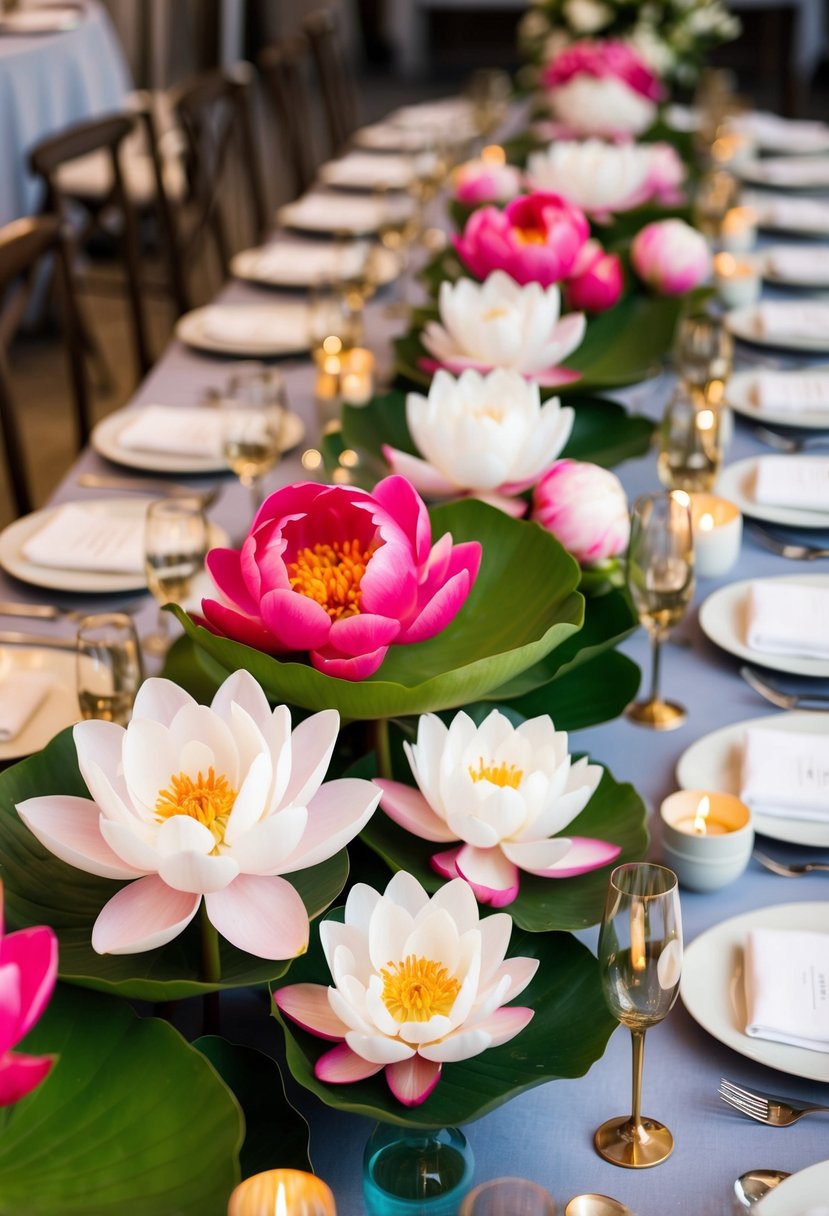 A table adorned with vibrant peonies and lotus flowers in an elegant Asian wedding floral arrangement