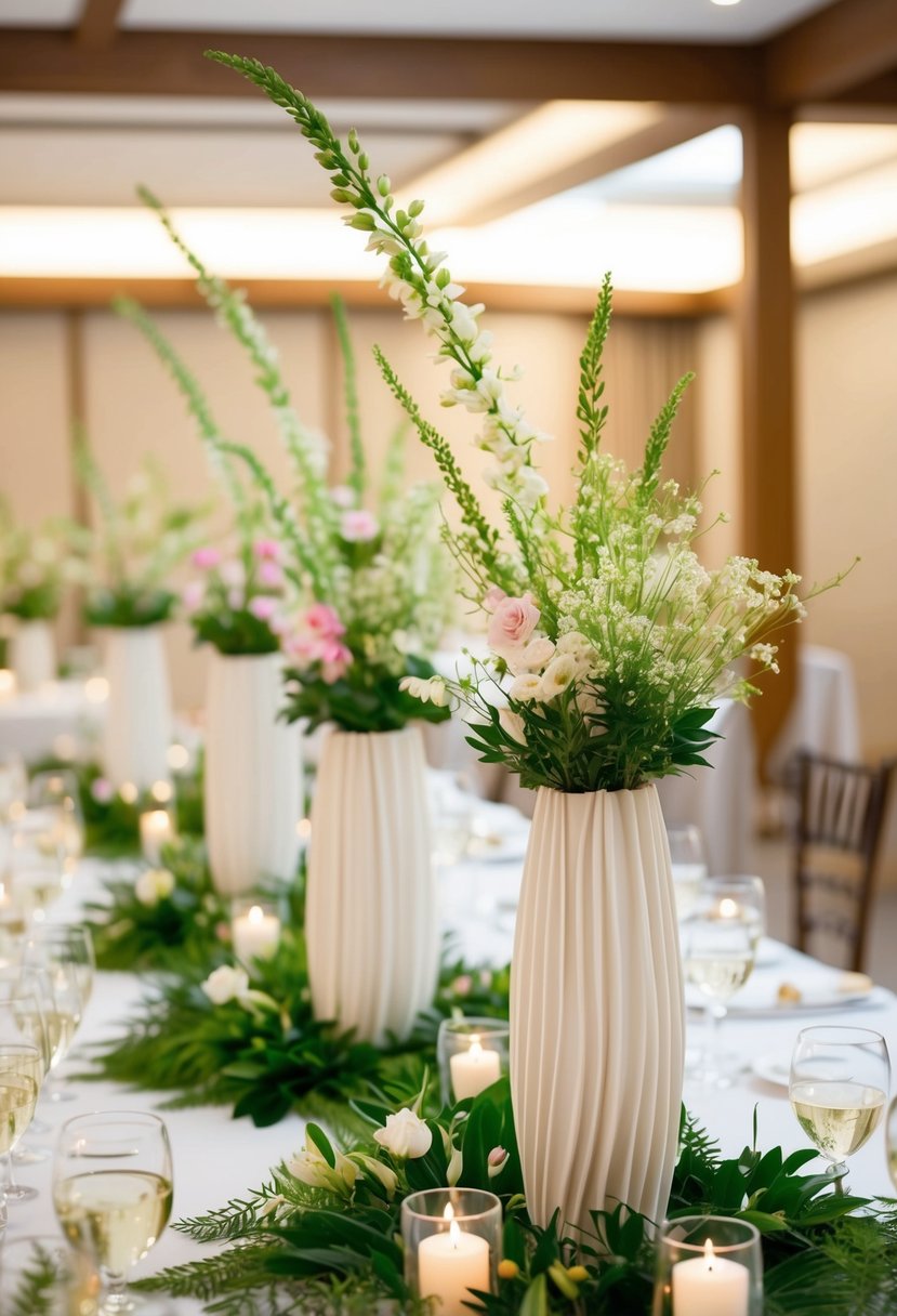 An elegant arrangement of ikebana vases adorns the tables, filled with delicate flowers and greenery, creating a serene and beautiful atmosphere for an Asian wedding celebration