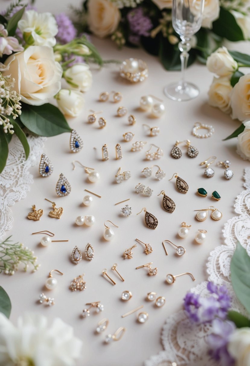 A table scattered with various long wedding earring designs, surrounded by delicate lace and floral decorations