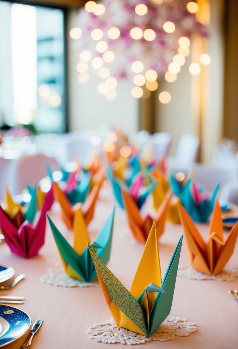 A table adorned with delicate Japanese origami cranes in vibrant colors, creating an elegant and traditional Asian wedding decoration