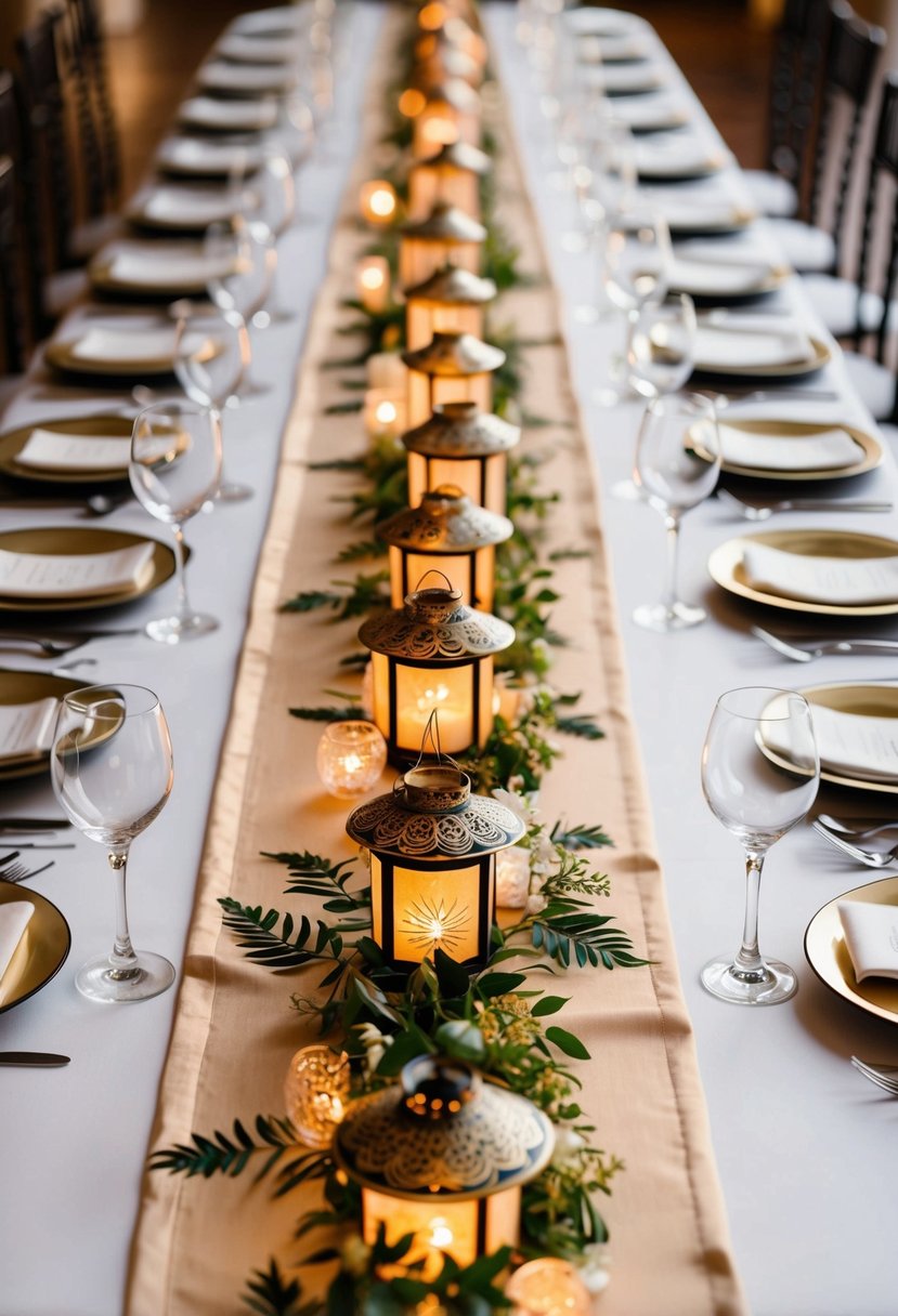 A long, elegant silk table runner adorned with intricate Asian lantern designs cascading down the center of a beautifully set wedding table