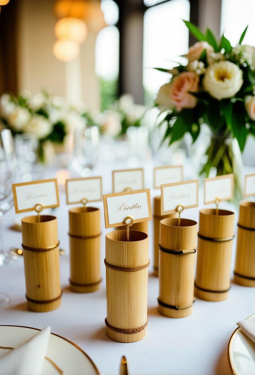 Bamboo place card holders arranged on a table with Asian-inspired decor for a wedding celebration