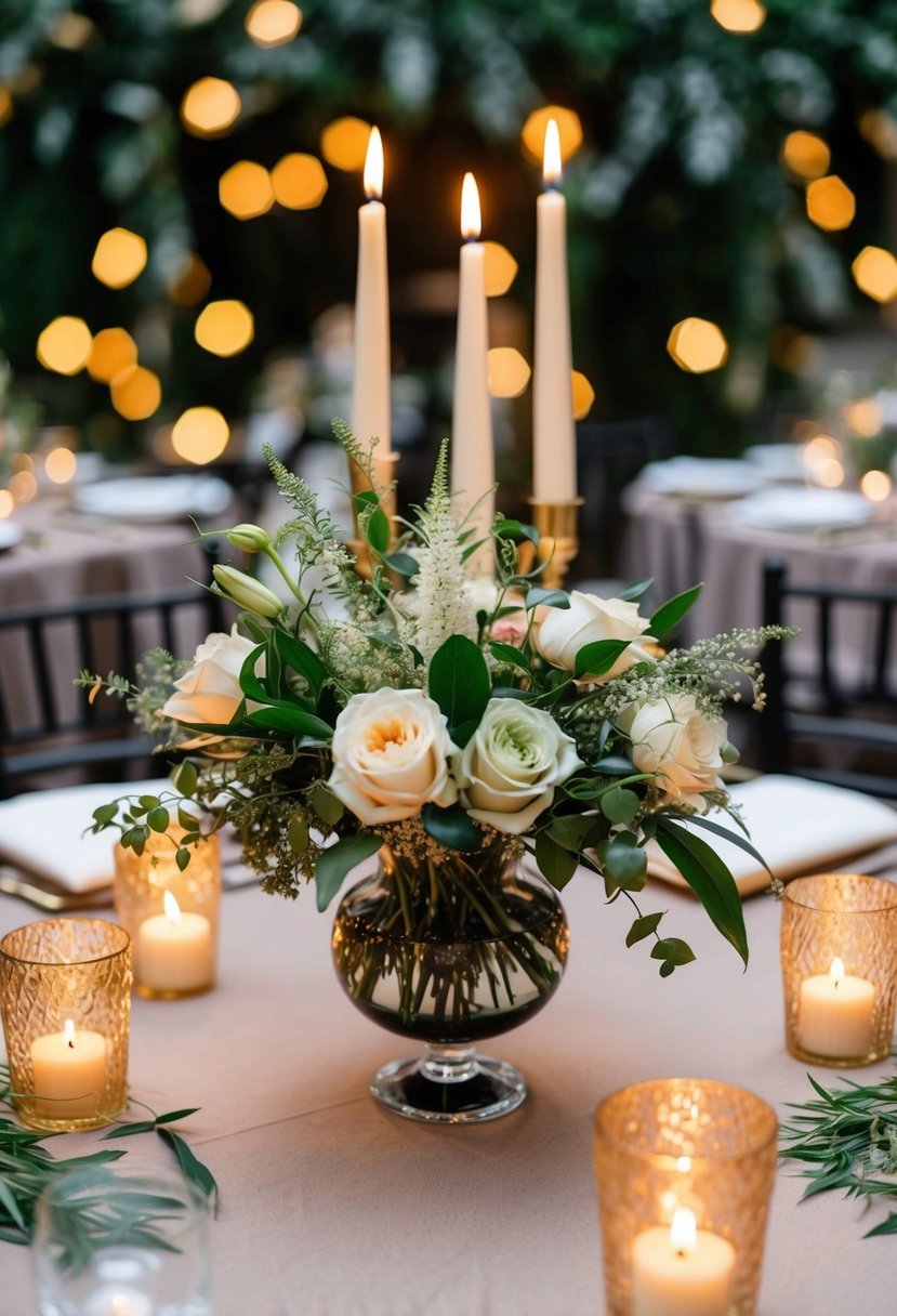 A round table adorned with a lush floral arrangement in a glass vase, surrounded by flickering candles and delicate greenery