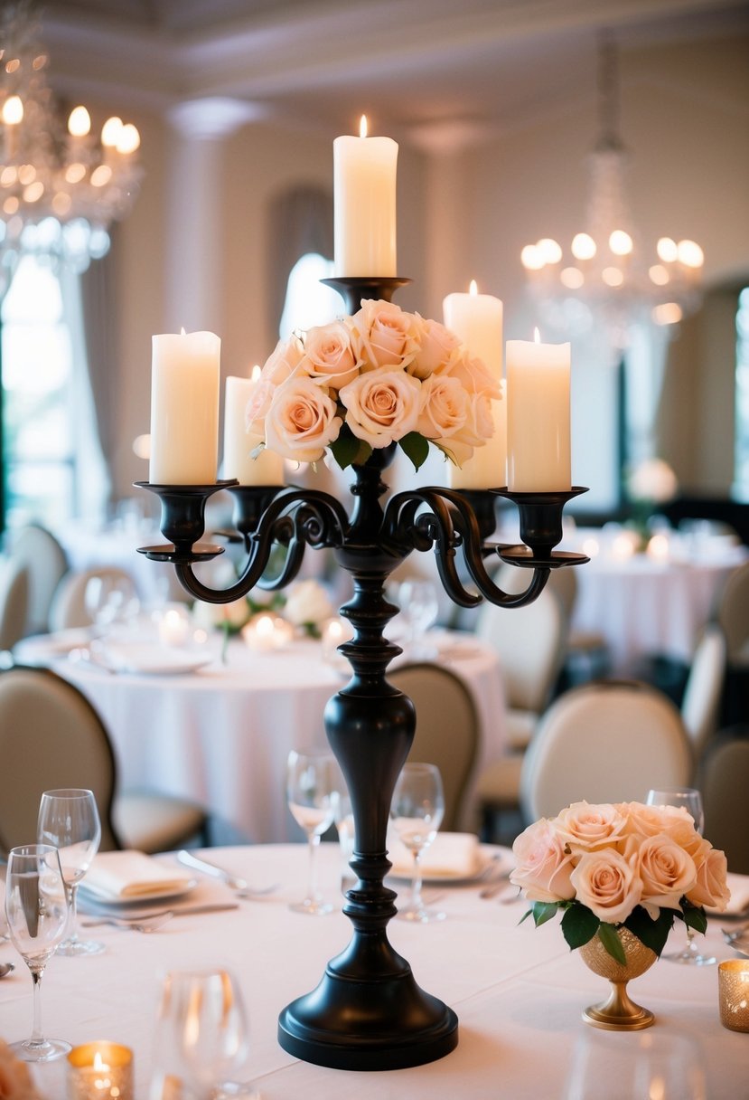 An elegant candelabra with roses as a wedding centerpiece for round tables