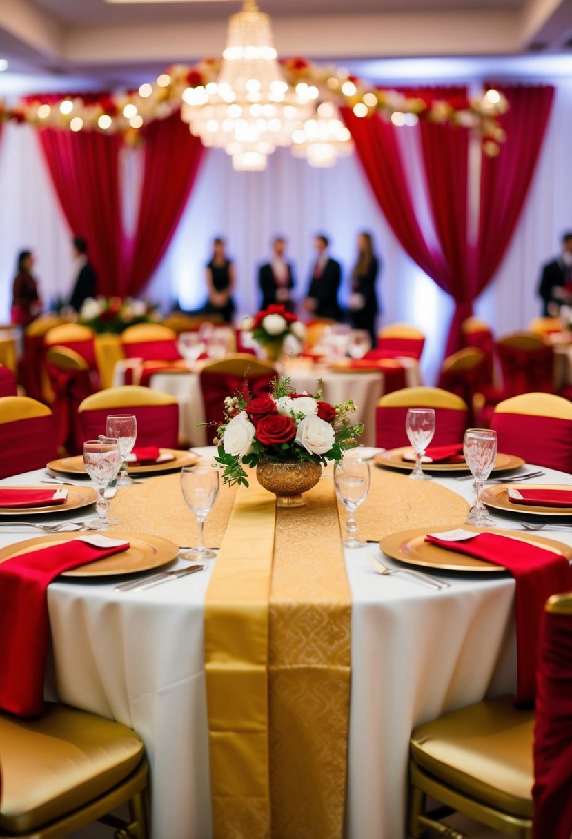 A table adorned with red and gold linens, set in an elegant Asian wedding decoration theme