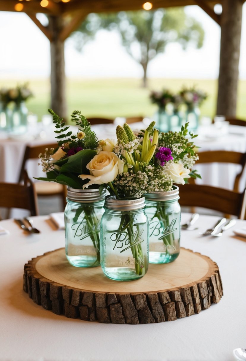 Rustic wooden slices topped with mason jars filled with flowers, arranged as wedding centerpieces on round tables