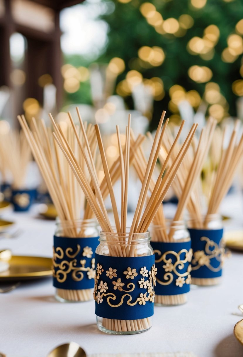 A table adorned with delicate chopstick wedding favors, surrounded by Asian-inspired decorations